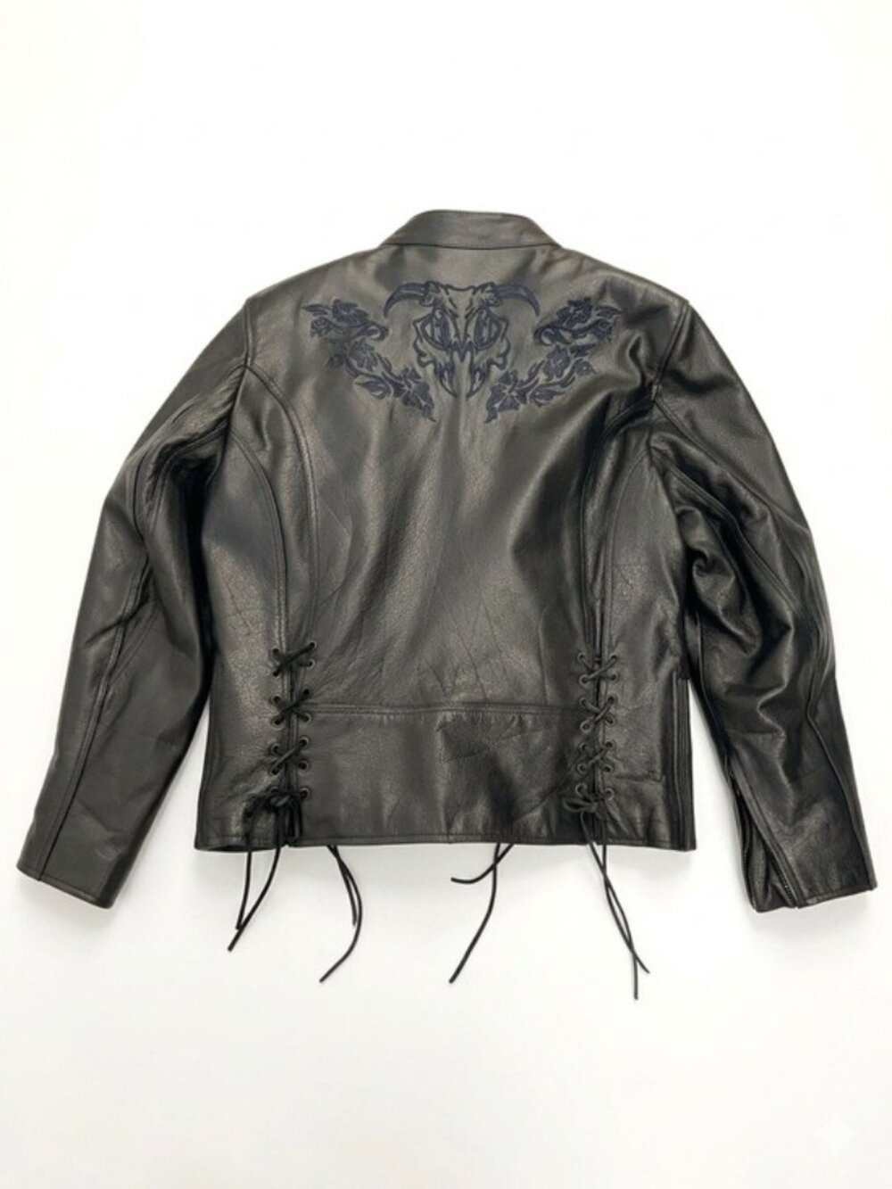 Xelements Black Leather Motorcycle Jacket Women's XL Embroidered Lace-Up